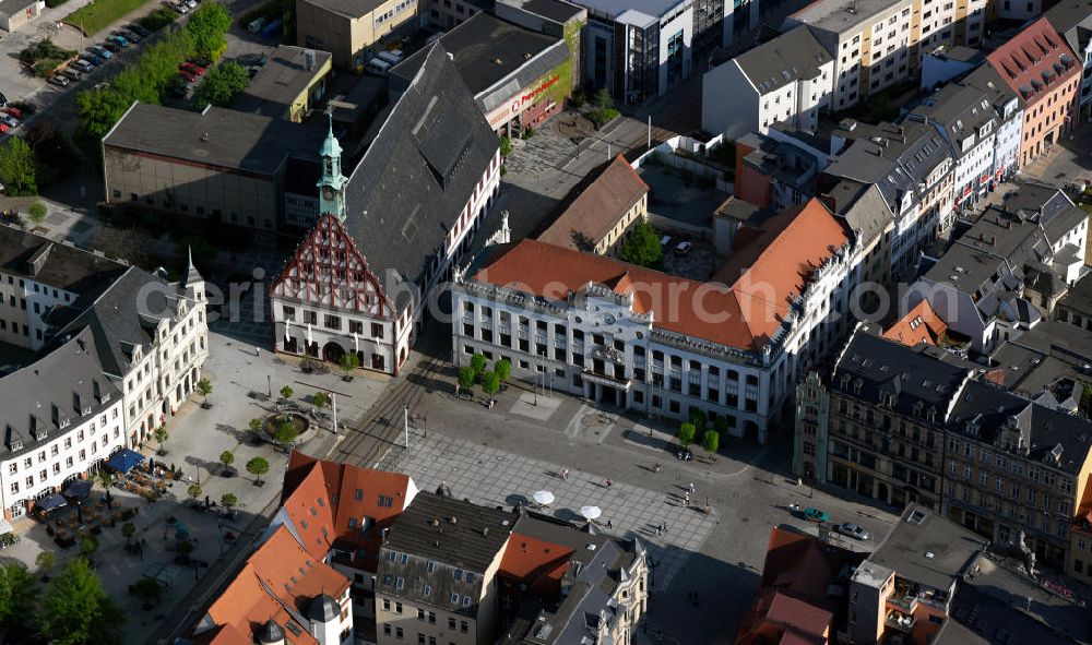 Zwickau from above - The Gewandhaus is the central landmark of the city of Zwickau. It was errected from 1522 to 1525, built in late Gothic style with Renaissance elements and gable. Since 1823, it serves as the municipal theater