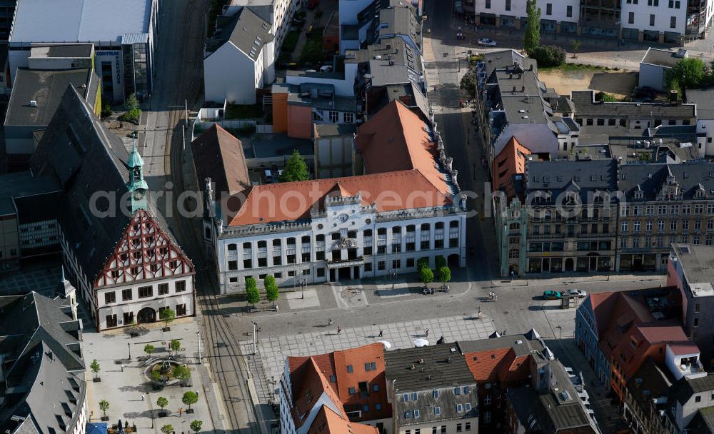 Zwickau from the bird's eye view: The Gewandhaus is the central landmark of the city of Zwickau. It was errected from 1522 to 1525, built in late Gothic style with Renaissance elements and gable. Since 1823, it serves as the municipal theater