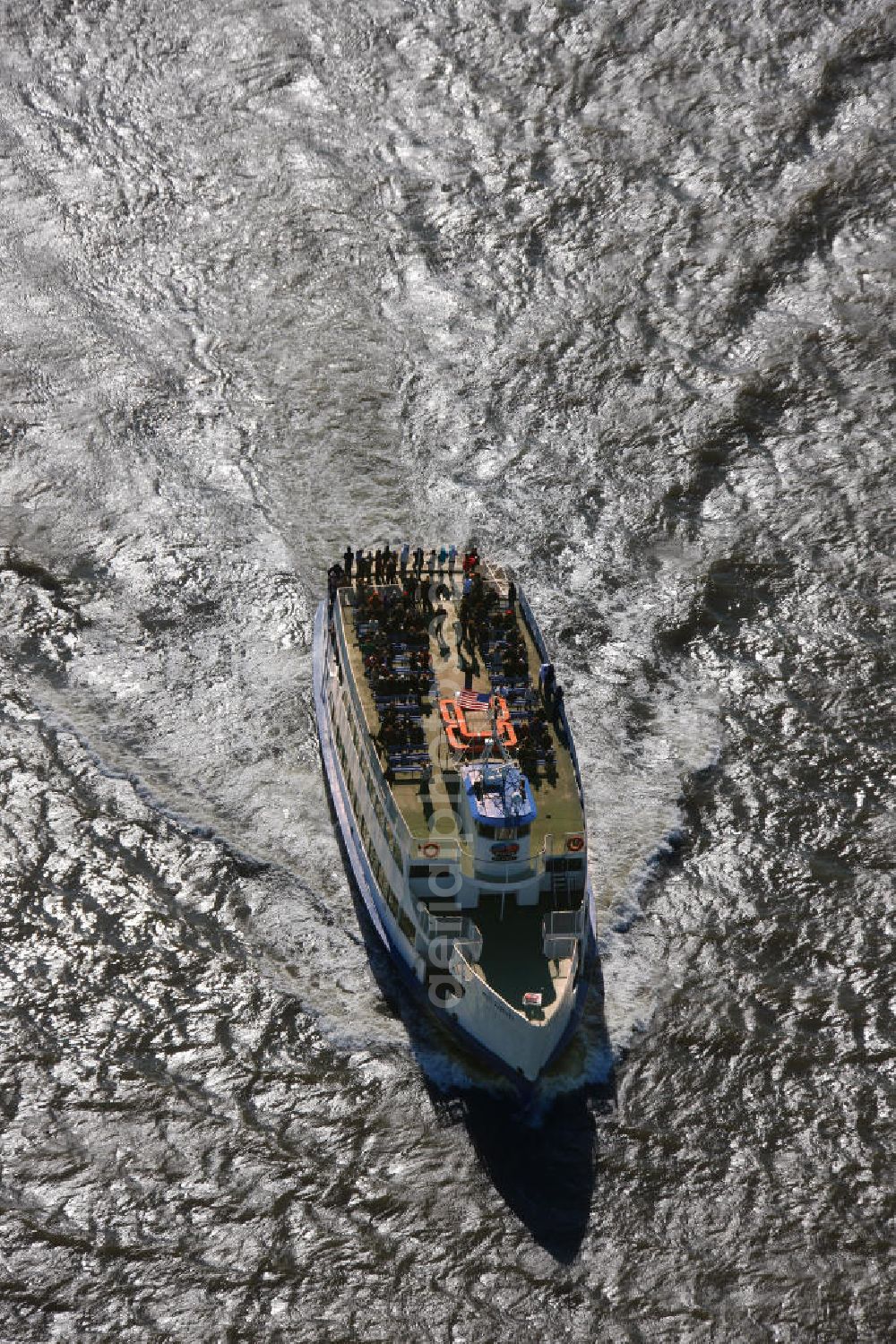 Aerial image New York - View of the harbor tour boat Miss Liberty, which is in use by Statue Cruises and operates in the harbor of New York