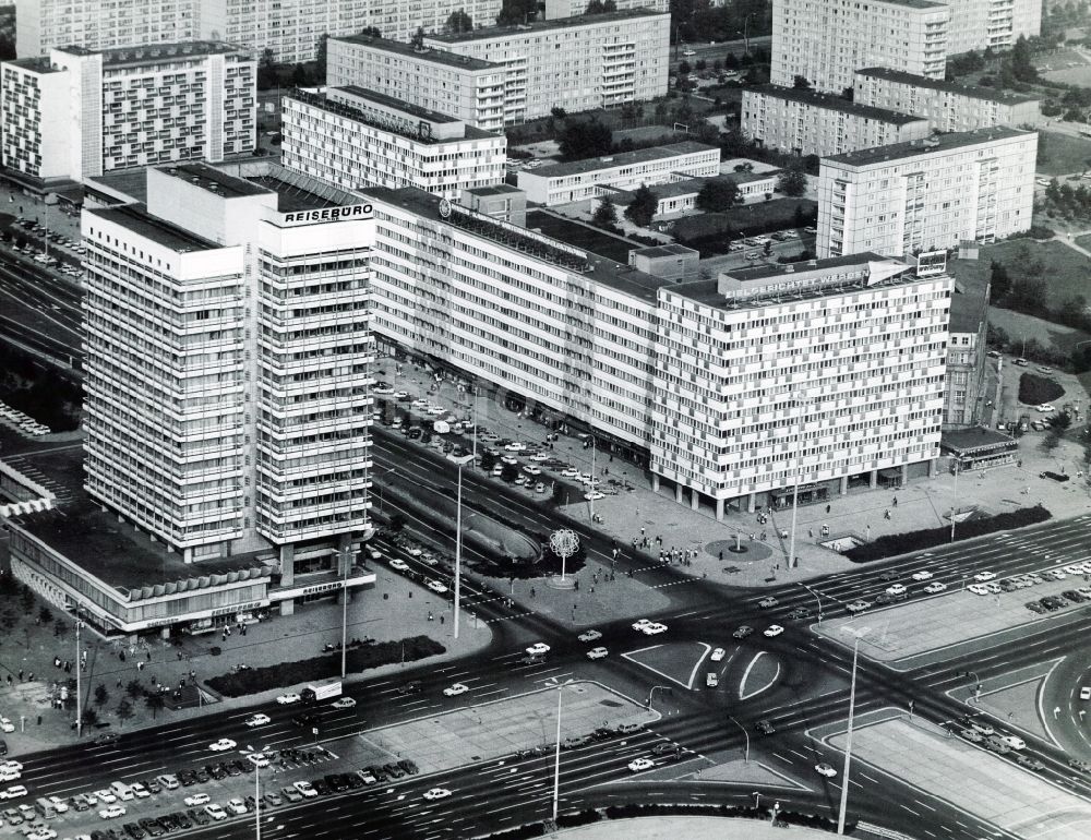 Aerial image Berlin - The House of Travel at the Otto-Braun-Strasse corner Alexan der Street in Berlin. In the background the residential area on the minor road can be seen