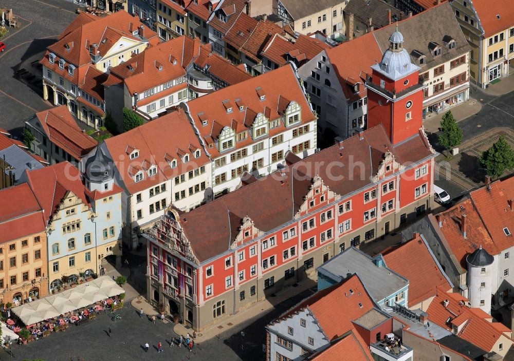 Gotha from above - At the main market of Gotha in Thuringia regions is, among other things, the historic town hall. The Renaissance of the 16th century and was originally a department store. The portal of the northern side of al one of the most beautiful Renaissance portal in Germany. From the Council tower, visitors will have a beautiful view of the city