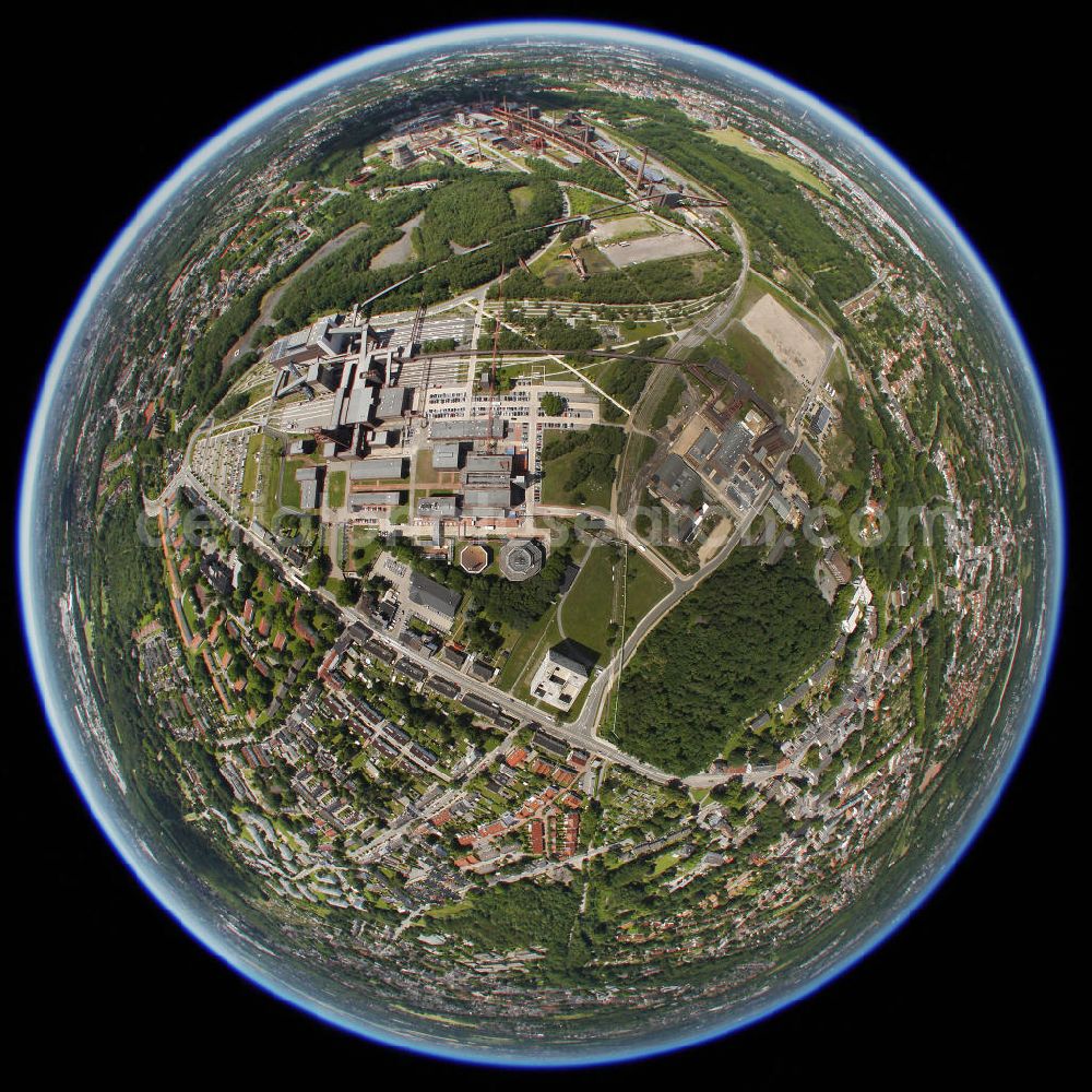 Essen from the bird's eye view: Fisheye picture of the Zeche Zollverein in Essen. The coal mine was in use during 1847 to 1986. Today it is an industrial monument, which was declared as a World Heritage Site by UNESCO in 2001. http://