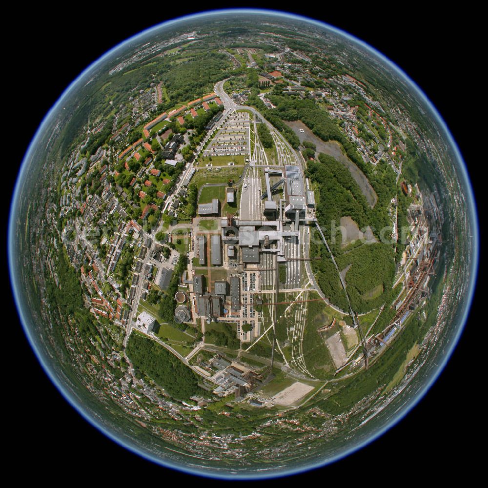 Aerial image Essen - Fisheye picture of the Zeche Zollverein in Essen. The coal mine was in use during 1847 to 1986. Today it is an industrial monument, which was declared as a World Heritage Site by UNESCO in 2001. http://