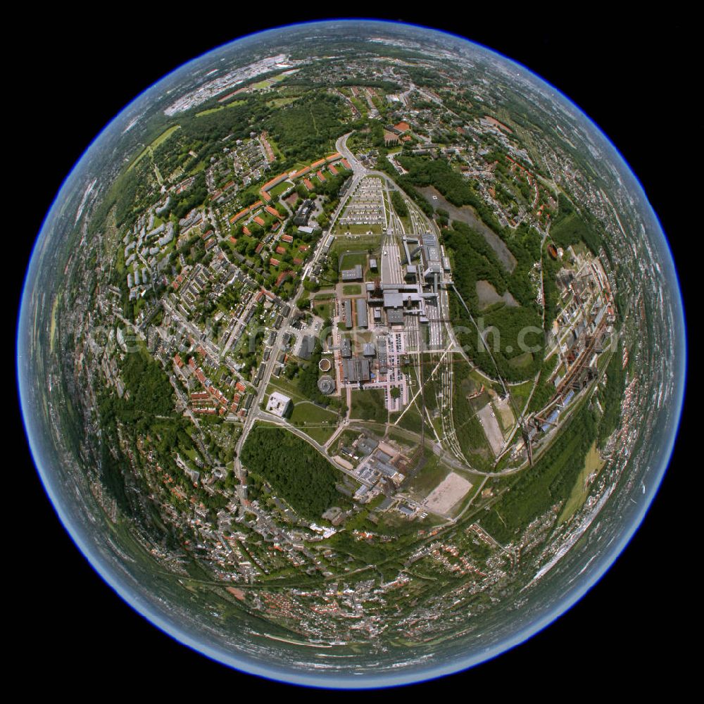 Aerial photograph Essen - Fisheye picture of the Zeche Zollverein in Essen. The coal mine was in use during 1847 to 1986. Today it is an industrial monument, which was declared as a World Heritage Site by UNESCO in 2001. http://