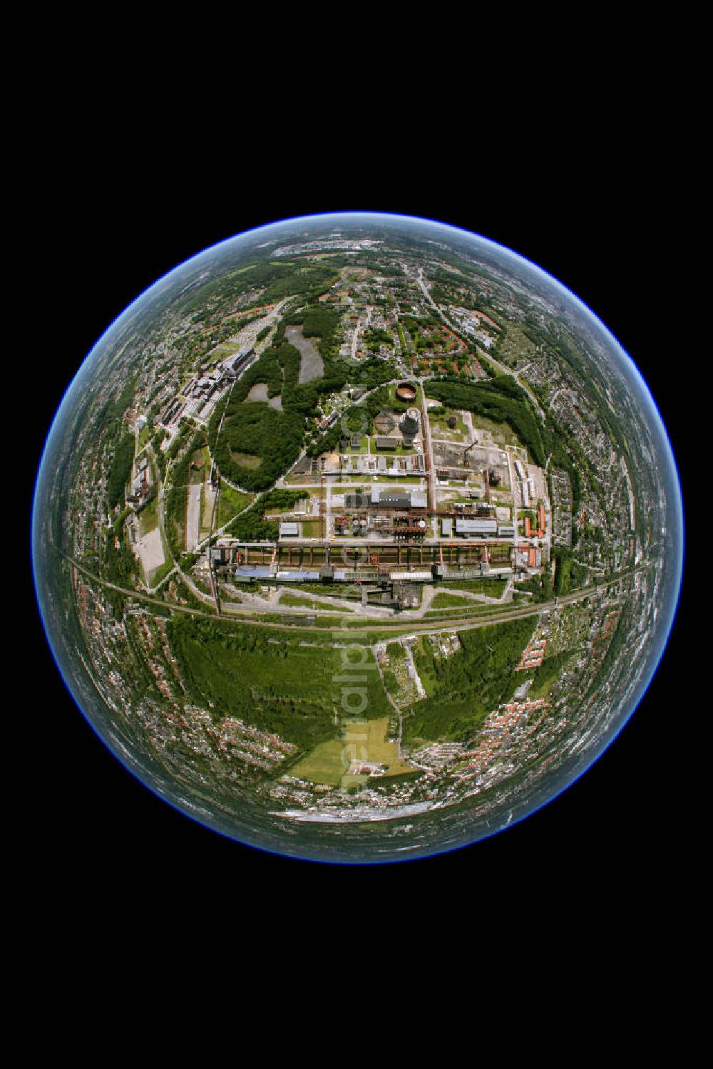 Essen from above - Fisheye picture of the Zeche Zollverein in Essen. The coal mine was in use during 1847 to 1986. Today it is an industrial monument, which was declared as a World Heritage Site by UNESCO in 2001. http://