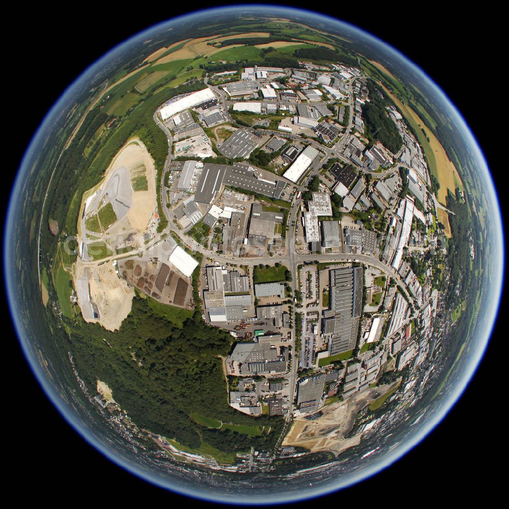 Velberg from above - Fish-eye view at the industrial area An Der Haberstraße with the MECU Halbzeugwerk Ltd., G & M Systems, Krosta metal technology and the mountain of disposal site DGV Ltd