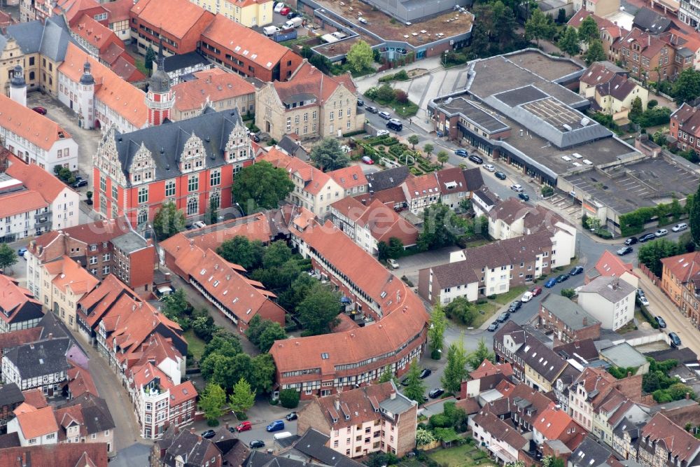 Helmstedt from above - Look at the Juleum in Helmstedt in Lower Saxony. The Juleum, also Juleum novum, is a multi-story classroom and library building of the former University in the lower Saxon district of Helmstedt in Germany. The building was built between 1592 and 1612 in the Weser Renaissance style built in and is one of the most important secular buildings of this period in North Germany