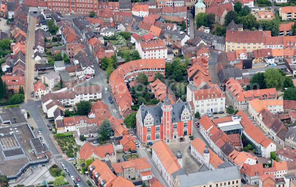 Helmstedt from above - Look at the Juleum in Helmstedt in Lower Saxony. The Juleum, also Juleum novum, is a multi-story classroom and library building of the former University in the lower Saxon district of Helmstedt in Germany. The building was built between 1592 and 1612 in the Weser Renaissance style built in and is one of the most important secular buildings of this period in North Germany