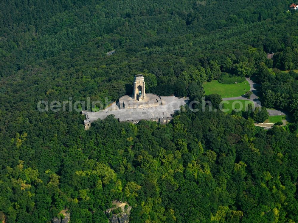 Aerial image Dortmund - The monument for the emperor Wilhelm close to the castle Hohensyburg on the site of Syberg Mountain in Dortmund in the state of North Rhine-Westphalia. The monument is listed as a protected site of the city of Dortmund