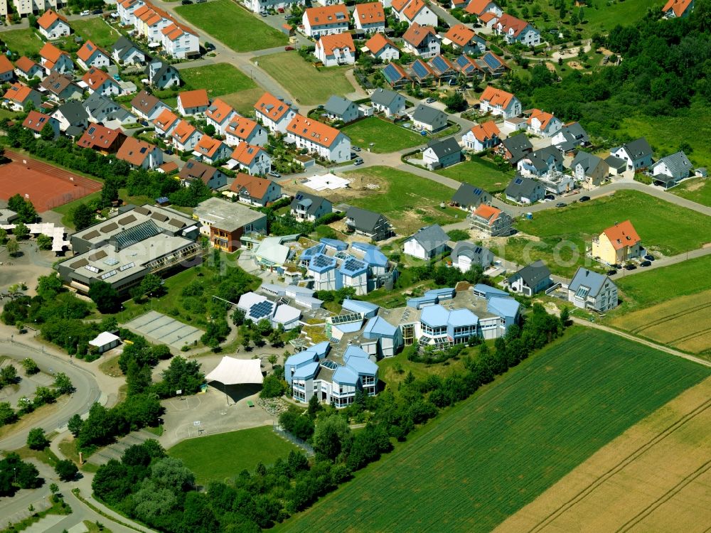 Aerial image Gomaringen - The Karl von Frisch High School in Dußlingen in the county of Gomaringen in the state of Baden-Württemberg. The facilities are renowned for their architecture which mostly resembles a bee hive. The school opened in 1991 and was adjusted through several construction phases