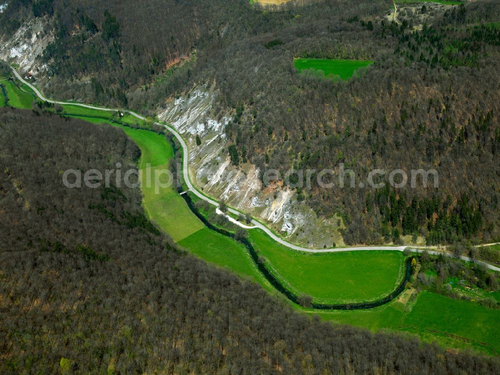 Aerial image Blaustein - The Kleine Lautertal - small Lauter Valley - in the community of Blaustein in the state of Baden-Württemberg. The river Lauter is a side arm of the river Blau. The valley is the second largest nature preserve area of the region. It is a favoured spot for canoeing and runs through Herrlingen, a part of the county of Blaustein