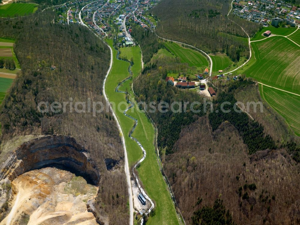 Aerial image Blaustein - The Kleine Lautertal - small Lauter Valley - in the community of Blaustein in the state of Baden-Württemberg. The river Lauter is a side arm of the river Blau. The valley is the second largest nature preserve area of the region. It is a favoured spot for canoeing and runs through Herrlingen, a part of the county of Blaustein