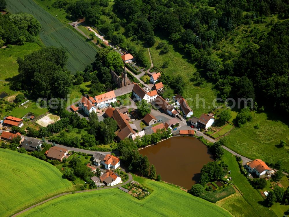 Aerial photograph Kerzenheim - The monastery Rosenthal, also in the monastery of St. Mary Rosenthal was one of the holy Mother of God Cistercian monastery. It is located in the northern Palatinate Rodenbachtal and today is a very idyllic monastery ruins with pond and catering to a small town that has formed, which administratively belongs to the Kerzenheim Donnersbergkreis