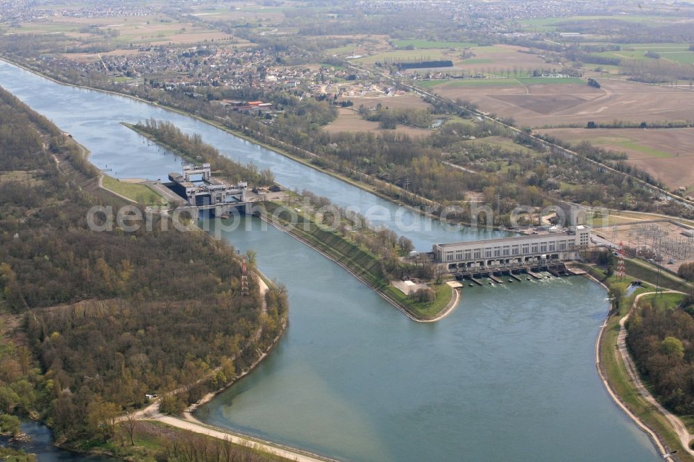 Aerial image Kembs - The hydroelectric power plant and the ship lock on the Grand Canal d'Alsace at Kembs in France