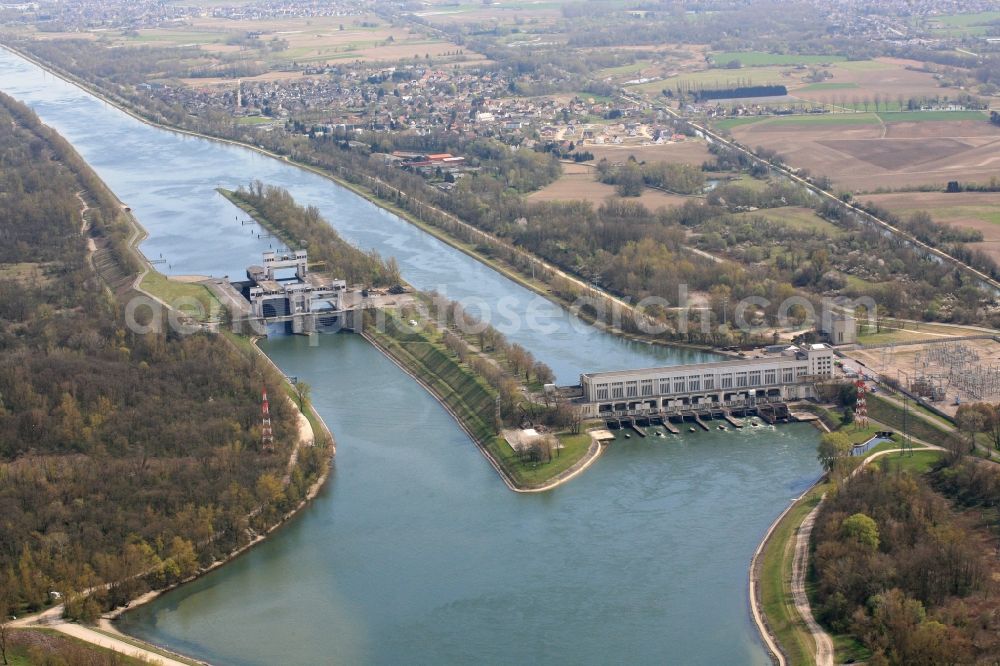 Aerial photograph Kembs - The hydroelectric power plant and the ship lock on the Grand Canal d'Alsace at Kembs in France