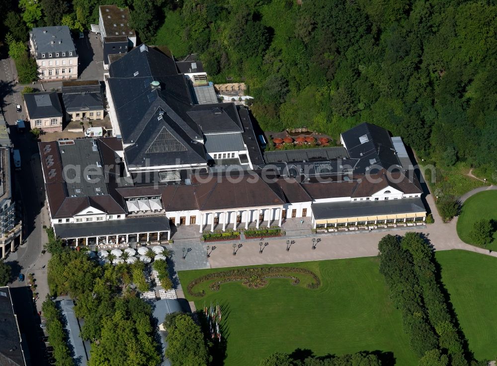 Aerial image Baden-Baden - The health resort and cure park in the city of Baden-Baden in the state of Baden-Württemberg. The building was design in classicistic fashion and is today used as event site and concert venue. The Kurhaus is surrounded by historical buildings, the park and woods