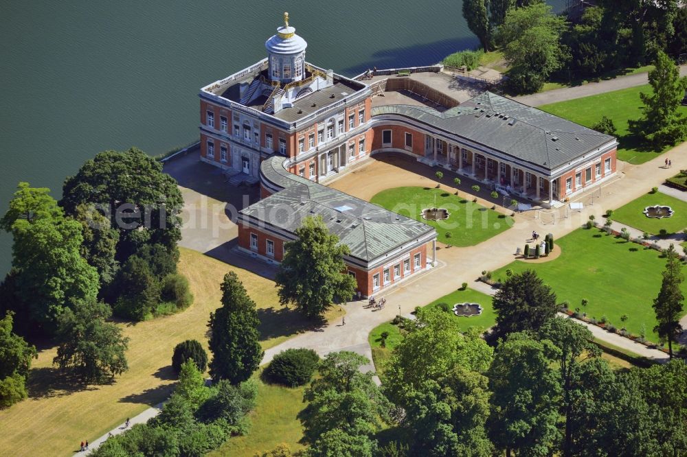 Potsdam from above - The Marmorpalais (marble palace) on the shores of lake Heiliger See in the garden area of Neuer Garten in Potsdam in the state of Brandenburg. The palace is a building in the early classicist style and was commissioned by Frederick William II of Prussia who used it as a royal residence. It is one of the landmarks in the extensive garden and park compound