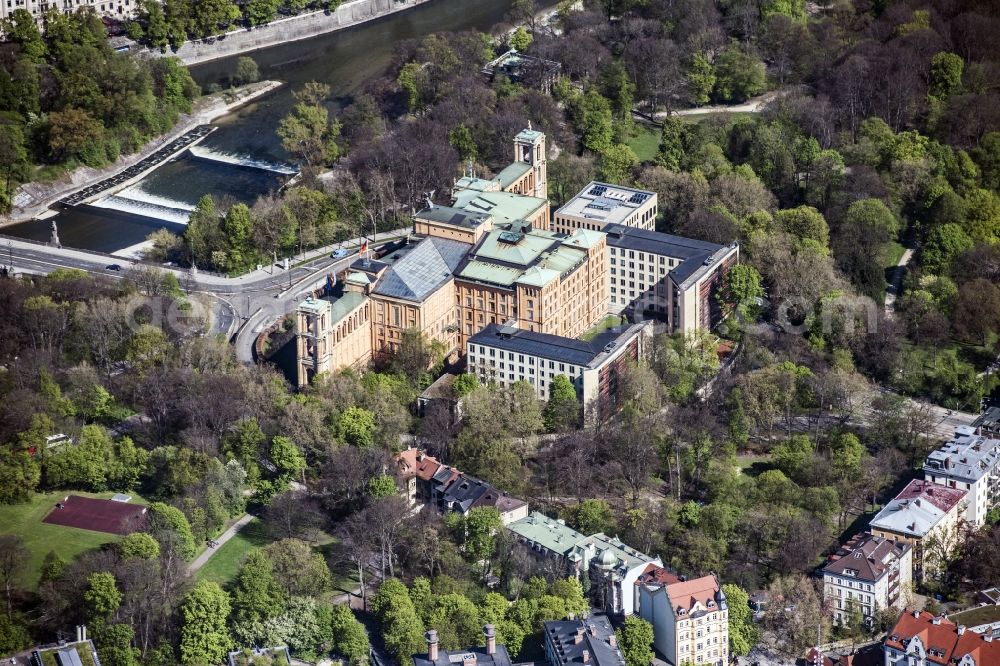 München from above - The Maximilianeum in Munich Haidhausen in the state of Bavaria. The historic building on the Isar-Hochufer at Maximiliansbruecke is home to the Maximilianeum Foundation and is the seat of the Bavarian State Parliament