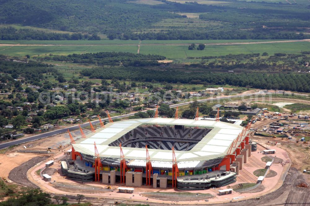 Nelspruit from above - Blick auf das Mbombela-Stadion in Nelspruit in der Provinz Mpumalanga in Südafrika, erbaut zur Fußball-Weltmeisterschaft. View of the Mbombela-Stadium in Nelspruit in South Africa for the FIFA World Cup 2010.