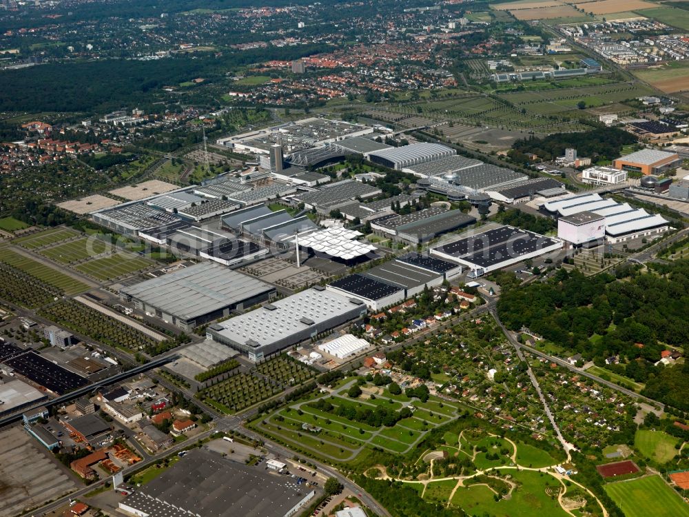 Hannover from above - The exhibition center in Hannover in the state of Lower Saxony. The compound is the largest exhibition area in Europe and consists of several roofed halls and open space areas. In 2000 it was the site of the Expo world fair. Every year the CeBit is held here. The site is run by the Deutsche Messe AG