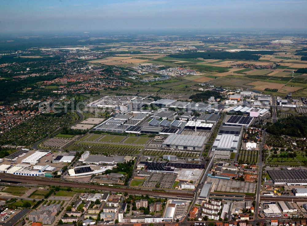 Hannover from the bird's eye view: The exhibition center in Hannover in the state of Lower Saxony. The compound is the largest exhibition area in Europe and consists of several roofed halls and open space areas. In 2000 it was the site of the Expo world fair. Every year the CeBit is held here. The site is run by the Deutsche Messe AG