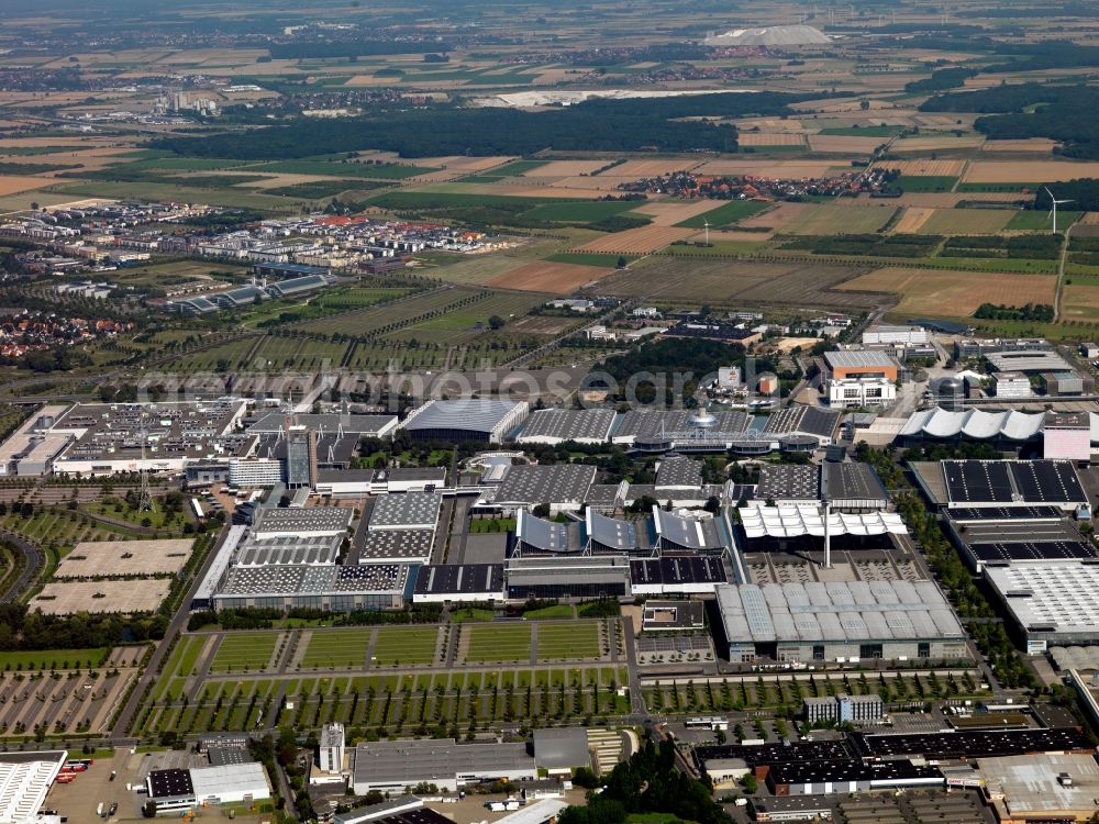 Aerial image Hannover - The exhibition center in Hannover in the state of Lower Saxony. The compound is the largest exhibition area in Europe and consists of several roofed halls and open space areas. In 2000 it was the site of the Expo world fair. Every year the CeBit is held here. The site is run by the Deutsche Messe AG