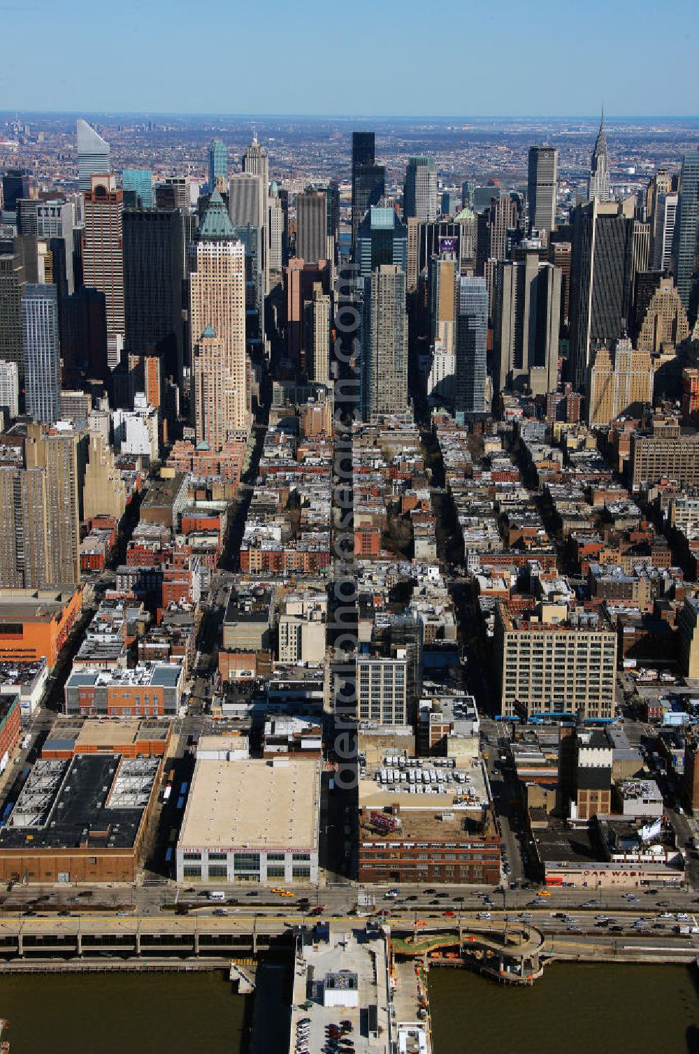 New York from the bird's eye view: View of the Midtown neighborhood of Manhattan in New York with the Empire State Building, Bank of America Tower and the Chrysler Building. The Plaza District area is an important financial district in New York City. It is considered as the biggest financial center of the United States