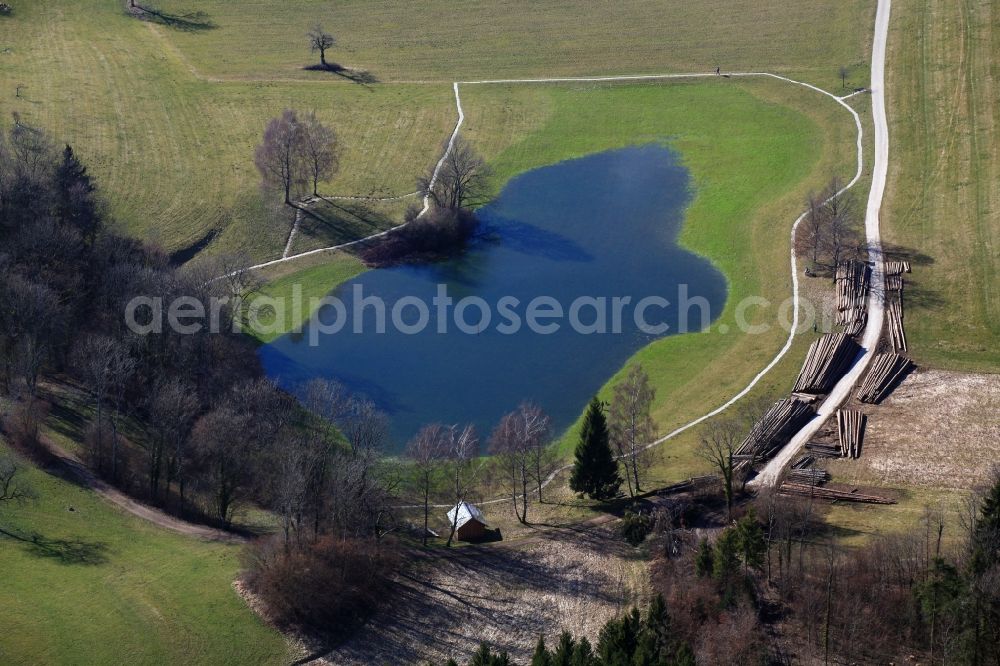 Schopfheim from above - Landscape at Schopfheim in Baden-Wuerttemberg with the nature reserve Eichener See. The lake in the karst appears only after heavy rainfall and sometimes remains for years disappeared