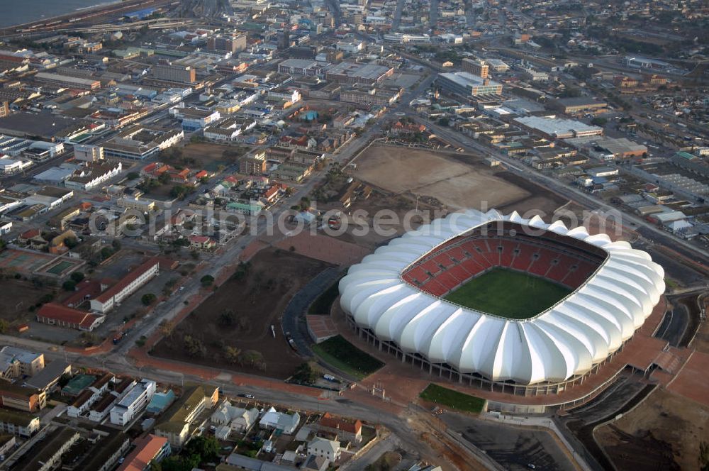 Aerial photograph Port Elizabeth - Blick auf das Nelson - Mandela - Bay - Stadion in Port Elizabeth in der Provinz Eastern Cape in Südafrika vor der Fußball-Weltmeisterschaft 2010. Der architektonische Entwurf stammt vom deutschen Architekturbüro Gerkan, Marg und Partner (gmp), die Tragwerksplanung für das Dach erfolgt durch Ingenieurbüro Schlaich, Bergermann und Partner. Das Stadion steht am North End Lake. View of the Nelson-Mandela-Bay-Stadium in Port Elizabeth in South Africa for the FIFA World Cup 2010.