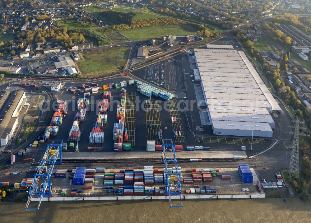 Aerial photograph Duisburg - View of the new Audi logistics center at the Logport 2 in the Duisburg harbor in the state North Rhine-Westphalia. The CKD center with its container terminal is an important location to coordinate the logistics of exporting vehicle parts