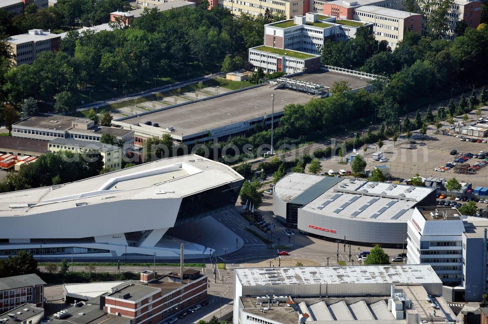 Stuttgart from the bird's eye view: Das neue Porsche-Museum neben dem Porsche-Verkaufszentrum an der Schwieberdinger Straße in Stuttgart-Zuffenhausen. Das Museum war ein Projekt der Delugan Meissl Associated Architects in Wien. The new Porsche museum next to the vending center of Porsche at the Schwieberdinger Strasse in Stuttgart - Zuffenhausen.