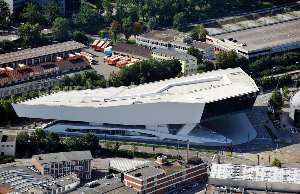 Aerial image Stuttgart - Das neue Porsche-Museum neben dem Porsche-Verkaufszentrum an der Schwieberdinger Straße in Stuttgart-Zuffenhausen. Das Museum war ein Projekt der Delugan Meissl Associated Architects in Wien. The new Porsche museum next to the vending center of Porsche at the Schwieberdinger Strasse in Stuttgart - Zuffenhausen.