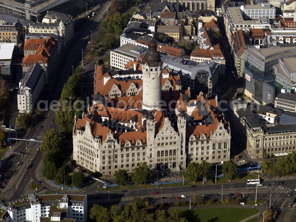 Leipzig from the bird's eye view: The Neue Rathaus city hall in Leipzig in the state of Saxony. The building has been the seat of the city government since 1905. It is located within the inner city ring, was built in the historism style and is one of the largest city halls in the world. Its tower is the highest city hall tower in Germany