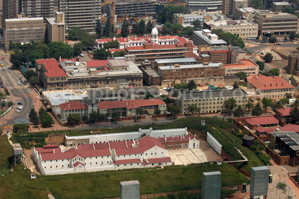 JOHANNESBURG from above - View of the Old Fort Prison and the South African Institute for Medical Research in Johannesburg. The Old Fort Prison is part of the Constitution Hill, the seat of the South African Constitutional Court