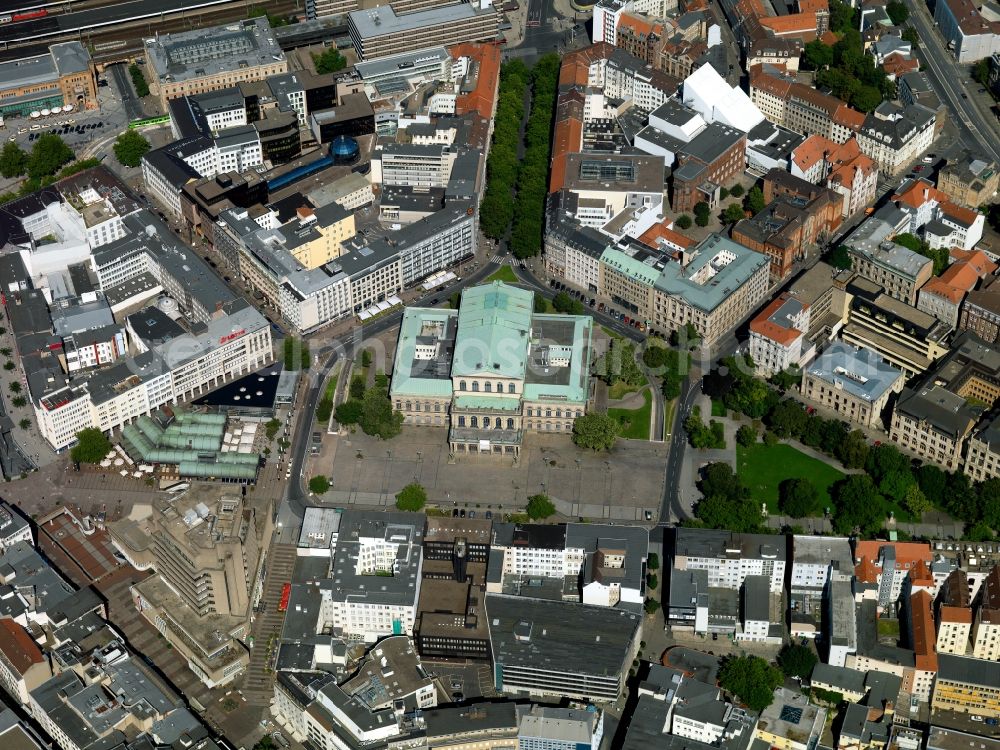 Hannover from above - The opera house of Hannover in the city center of Hannover in the state of Lower Saxony. The opera house is located on Opera Square and was built 1845-1852 in a late classistic style. After its destruction during World War II it was completely rebuilt and reopened in 1950. It is home of the Lower Saxony State Theater