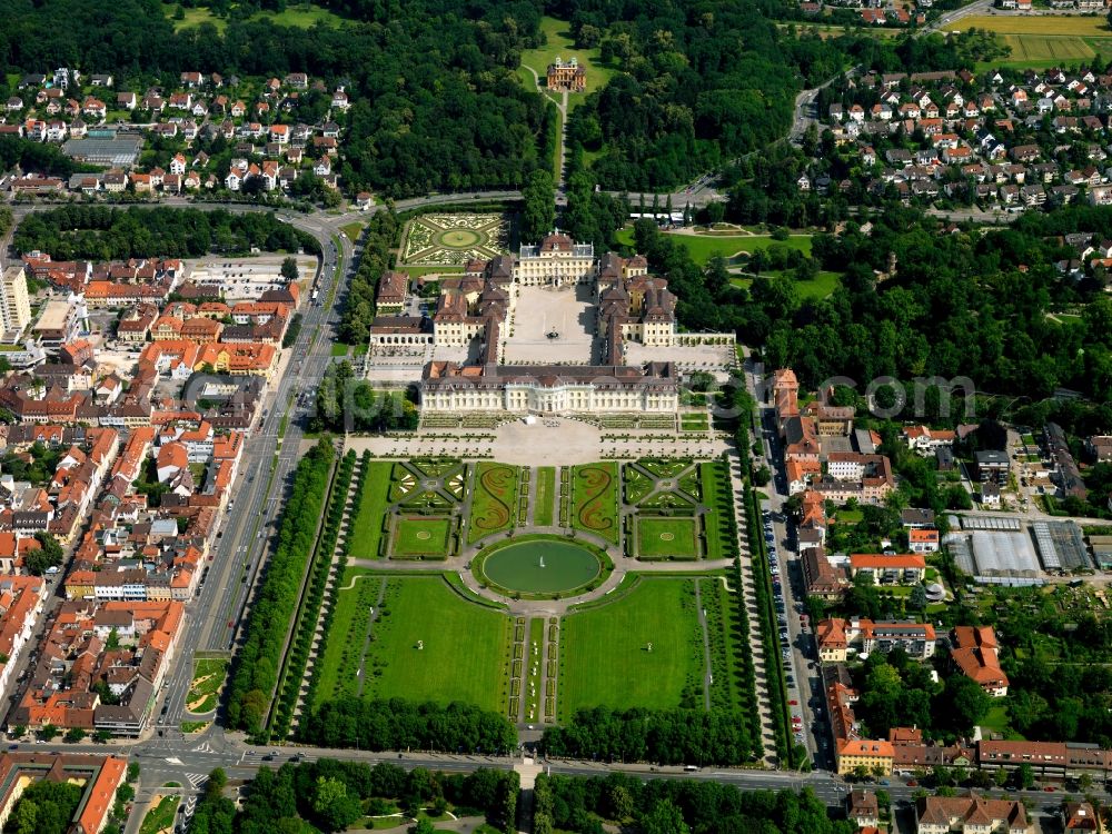 Aerial image Ludwigsburg - The Residence Castle and Castle Favorite in the center of Ludwigsburg in the state of Baden-Württemberg. The Residence is one of the largest baroque buildings in Germany and landmark of the city. North of it, on a hill in the Favorite park lies the hunting and forest castle Favorite. It was completely refurbished in 1983