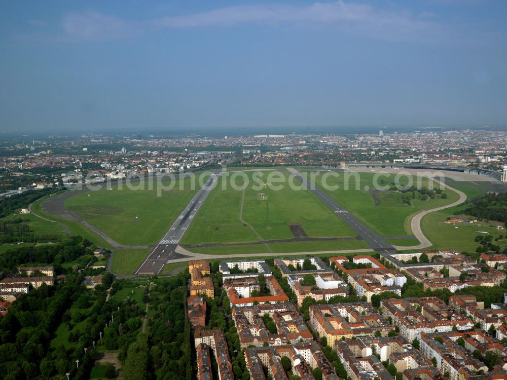 Berlin from above - View of the runway of the former airport Berlin-Tempelhof. By October 2008 it was one of three airports in the Berlin area. Today the site is used by the Berlin population as a recreational area