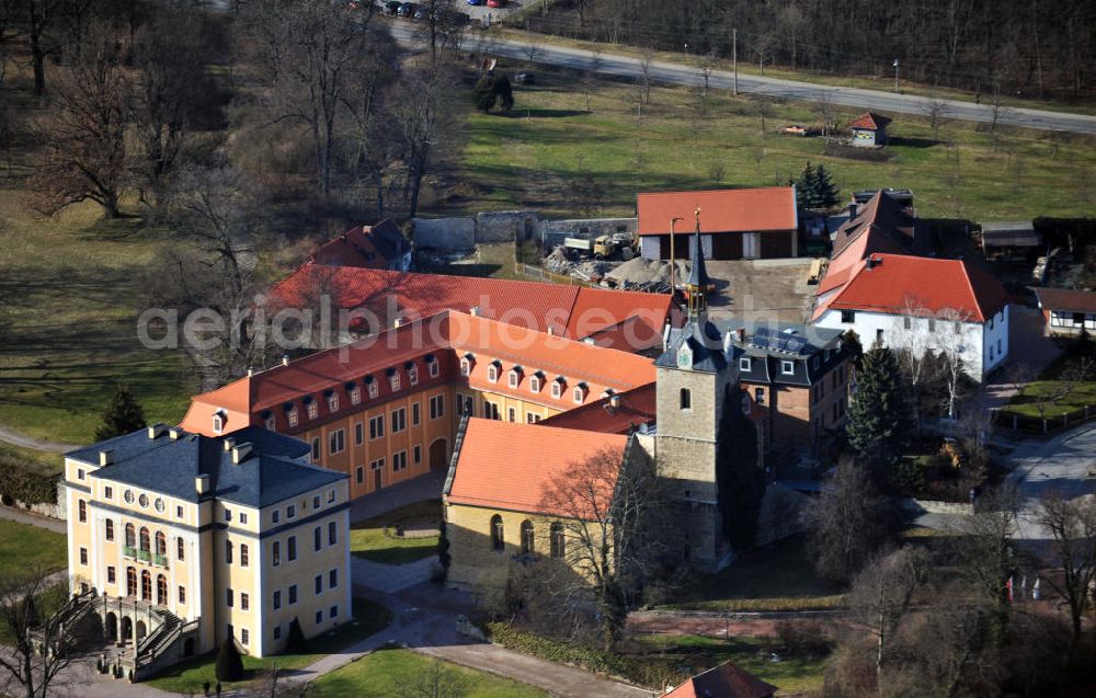 Aerial image Ettersburg - The castle Ettersburg is located on the Ettersberg, an elongated ridge. Since 1998 it belongs as a part of the ensemble Classical Weimar to the UNESCO World Heritage Sites. Duke Wilhelm Ernst of Saxe-Weimar built the castle between 1706 until 1712. The Cultural Office LaRete operates a project office in the castle, which can also be booked as a venue