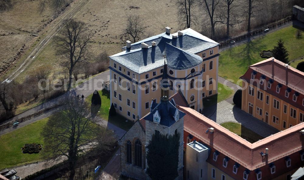 Ettersburg from above - The castle Ettersburg is located on the Ettersberg, an elongated ridge. Since 1998 it belongs as a part of the ensemble Classical Weimar to the UNESCO World Heritage Sites. Duke Wilhelm Ernst of Saxe-Weimar built the castle between 1706 until 1712. The Cultural Office LaRete operates a project office in the castle, which can also be booked as a venue