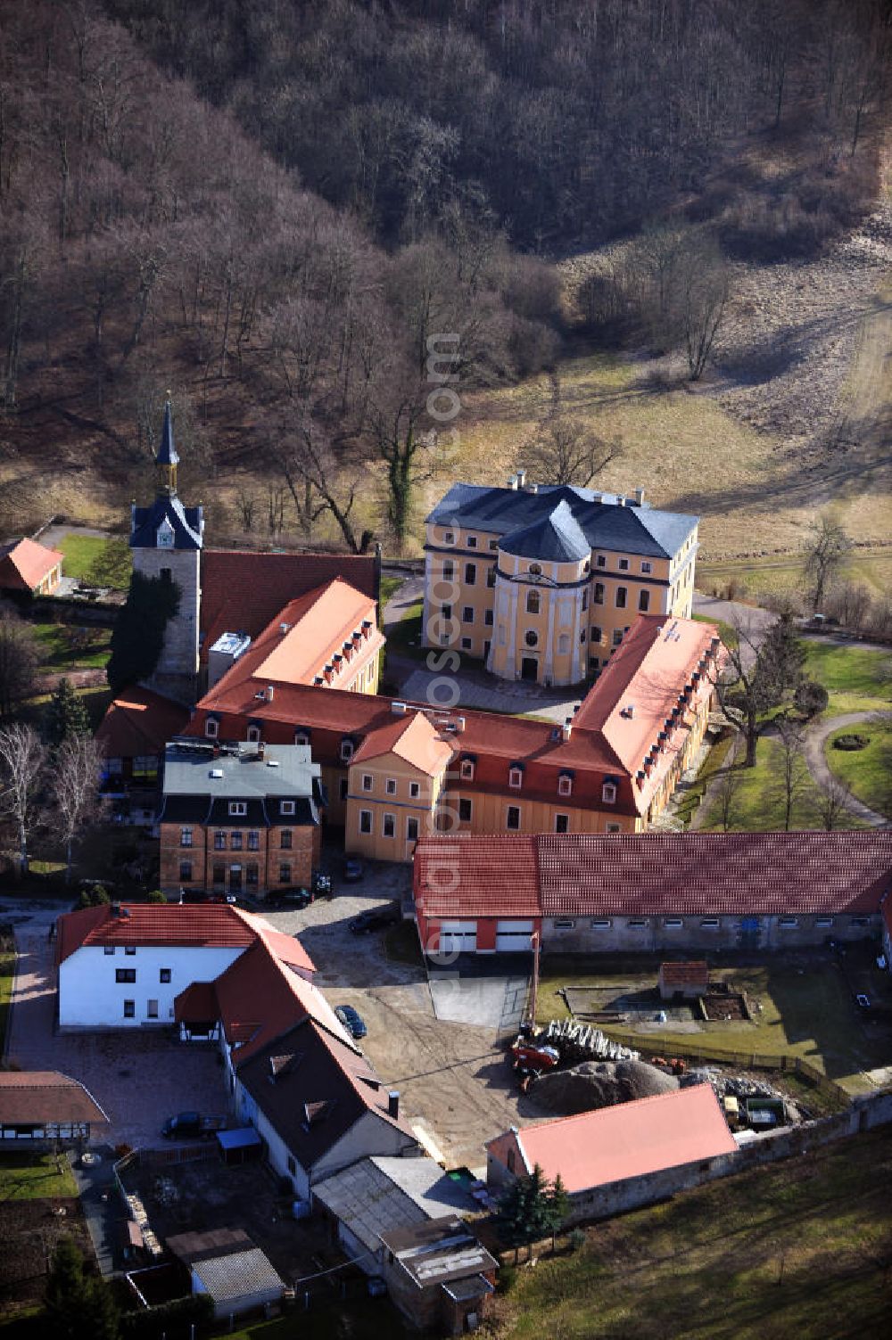 Aerial image Ettersburg - The castle Ettersburg is located on the Ettersberg, an elongated ridge. Since 1998 it belongs as a part of the ensemble Classical Weimar to the UNESCO World Heritage Sites. Duke Wilhelm Ernst of Saxe-Weimar built the castle between 1706 until 1712. The Cultural Office LaRete operates a project office in the castle, which can also be booked as a venue