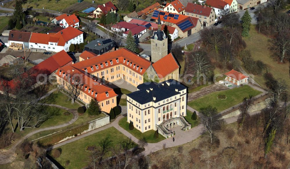 Ettersburg from above - The castle Ettersburg is located on the Ettersberg, an elongated ridge. Since 1998 it belongs as a part of the ensemble Classical Weimar to the UNESCO World Heritage Sites. Duke Wilhelm Ernst of Saxe-Weimar built the castle between 1706 until 1712. The Cultural Office LaRete operates a project office in the castle, which can also be booked as a venue