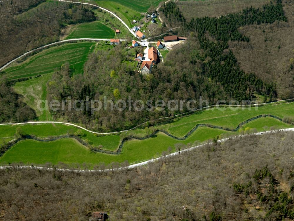 Aerial photograph Blaustein - The Kleine Lautertal - small Lauter Valley - in the community of Blaustein in the state of Baden-Württemberg. The river Lauter is a side arm of the river Blau. The valley is the second largest nature preserve area of the region. It is a favoured spot for canoeing and runs through Herrlingen, a part of the county of Blaustein. Visible on the small rock is the castle of Oberherrlingen located in this part of the county