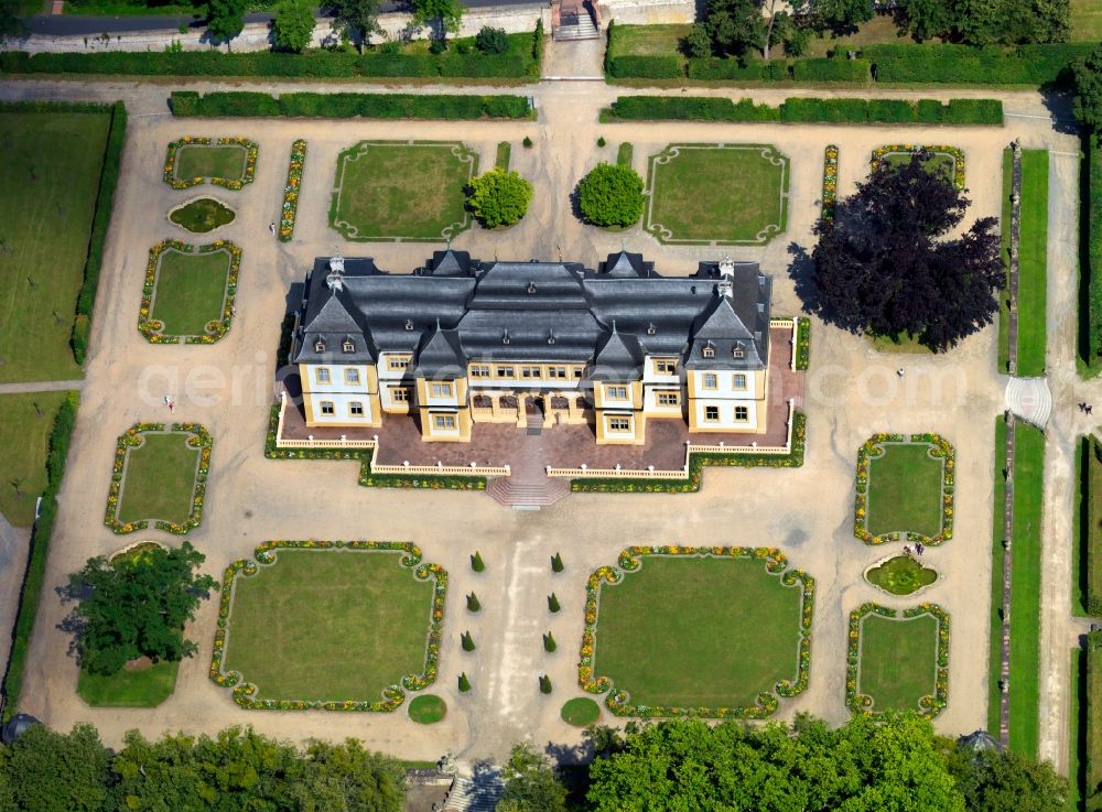 Veitshöchheim from the bird's eye view: The Palace Veitshöchheim in the city of the same name in the state of Bavaria. The castle is a former summer residence of the bishops of Würzburg and the Bavarian kings. The compound is famous for its rococo garden and park. It is close to the river Main and is an event and tourism site