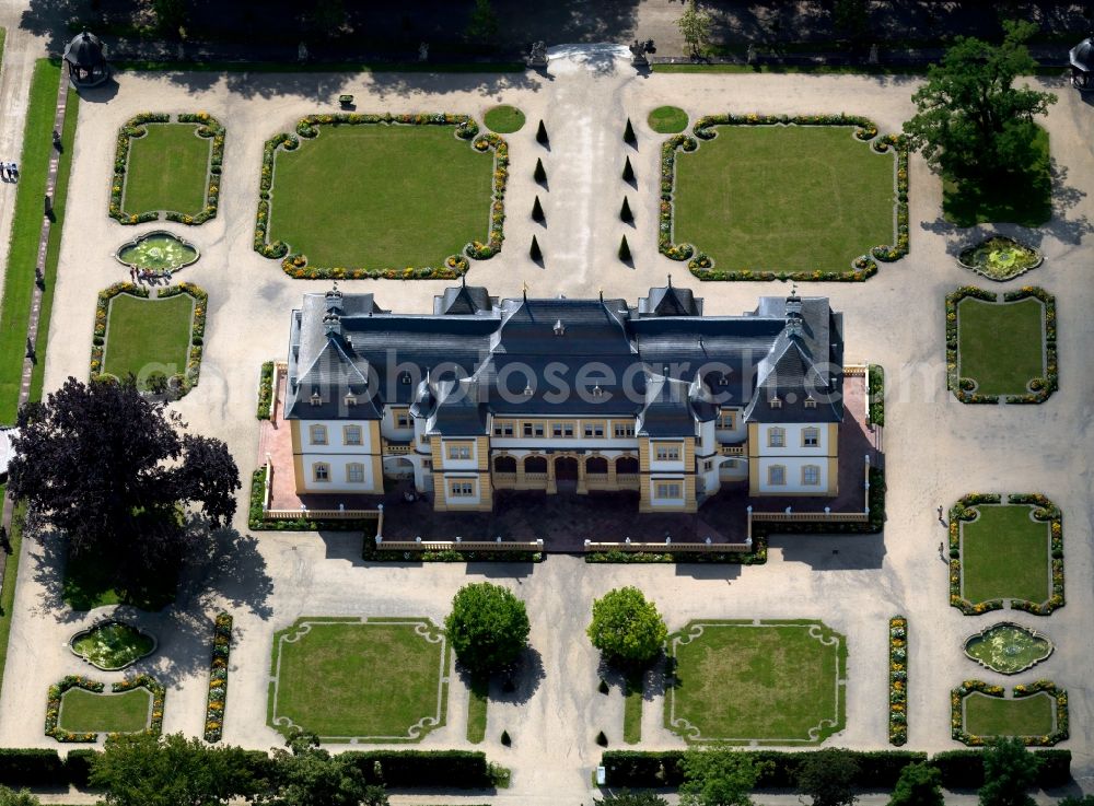 Veitshöchheim from above - The Palace Veitshöchheim in the city of the same name in the state of Bavaria. The castle is a former summer residence of the bishops of Würzburg and the Bavarian kings. The compound is famous for its rococo garden and park. It is close to the river Main and is an event and tourism site