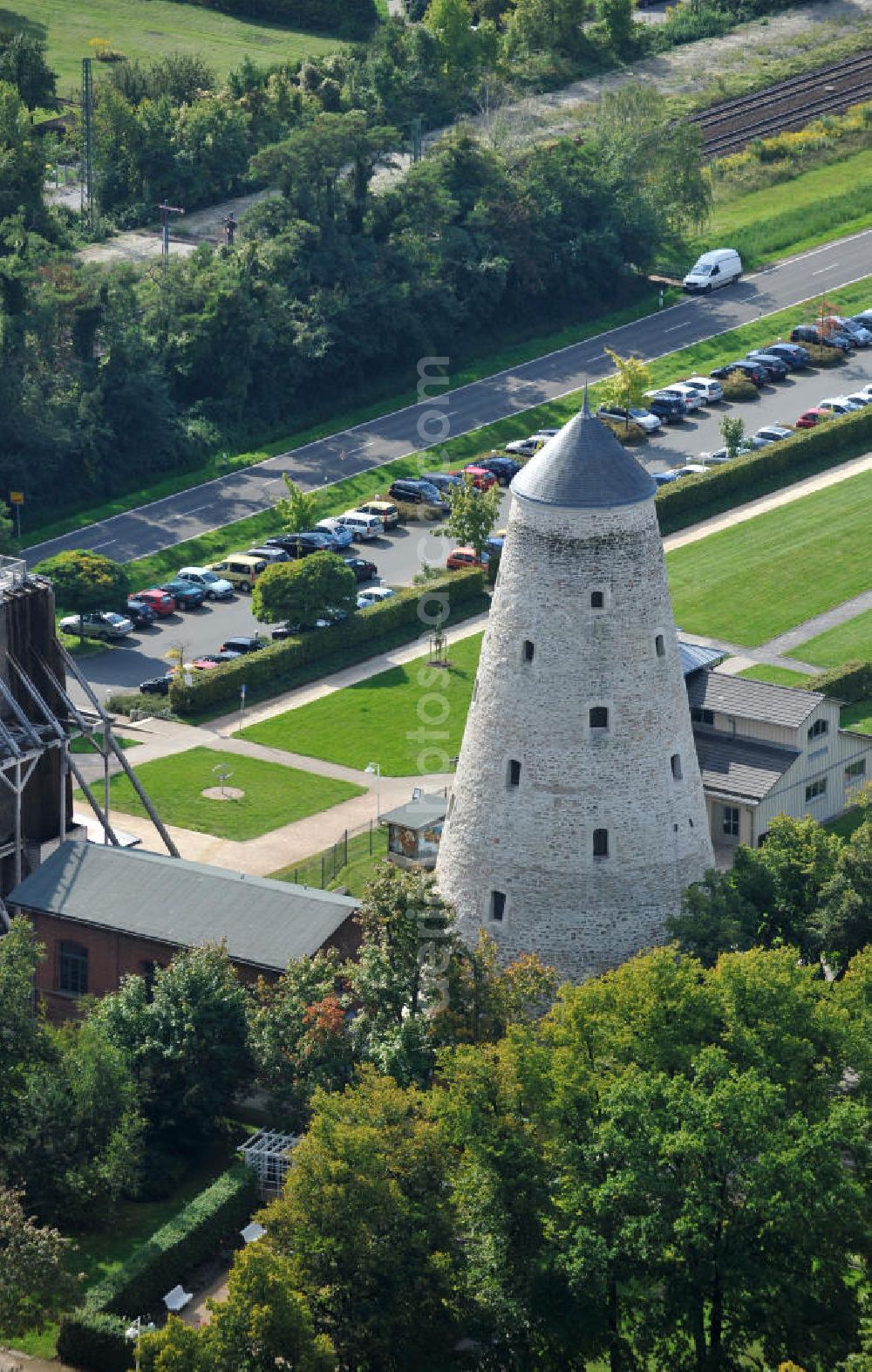 Schönebeck from the bird's eye view: The brine tower of the salt works which are located in the Bad Salzelmen district of Schönebeck in Saxony-Anhalt were built in 1756 and are part of the Solepark. A salt work is a plant for salt production. Since 1890, it is used only as an element of cure