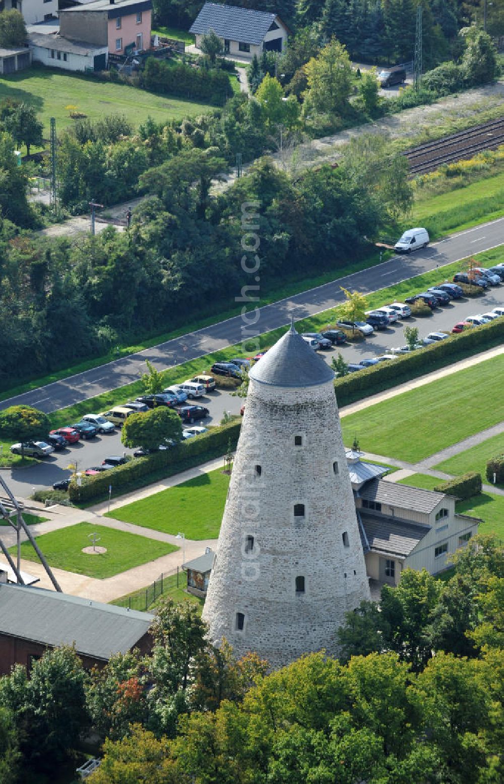 Aerial image Schönebeck - The brine tower of the salt works which are located in the Bad Salzelmen district of Schönebeck in Saxony-Anhalt were built in 1756 and are part of the Solepark. A salt work is a plant for salt production. Since 1890, it is used only as an element of cure