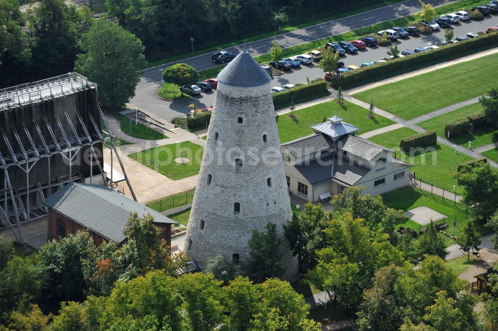 Schönebeck from above - The brine tower of the salt works which are located in the Bad Salzelmen district of Schönebeck in Saxony-Anhalt were built in 1756 and are part of the Solepark. A salt work is a plant for salt production. Since 1890, it is used only as an element of cure