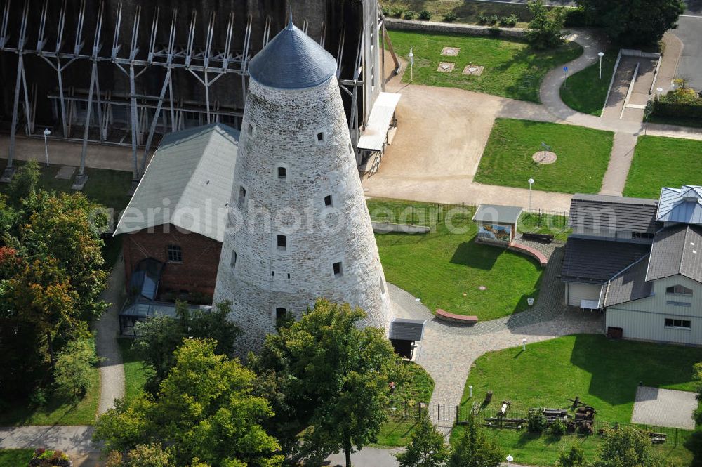 Schönebeck from the bird's eye view: The brine tower of the salt works which are located in the Bad Salzelmen district of Schönebeck in Saxony-Anhalt were built in 1756 and are part of the Solepark. A salt work is a plant for salt production. Since 1890, it is used only as an element of cure