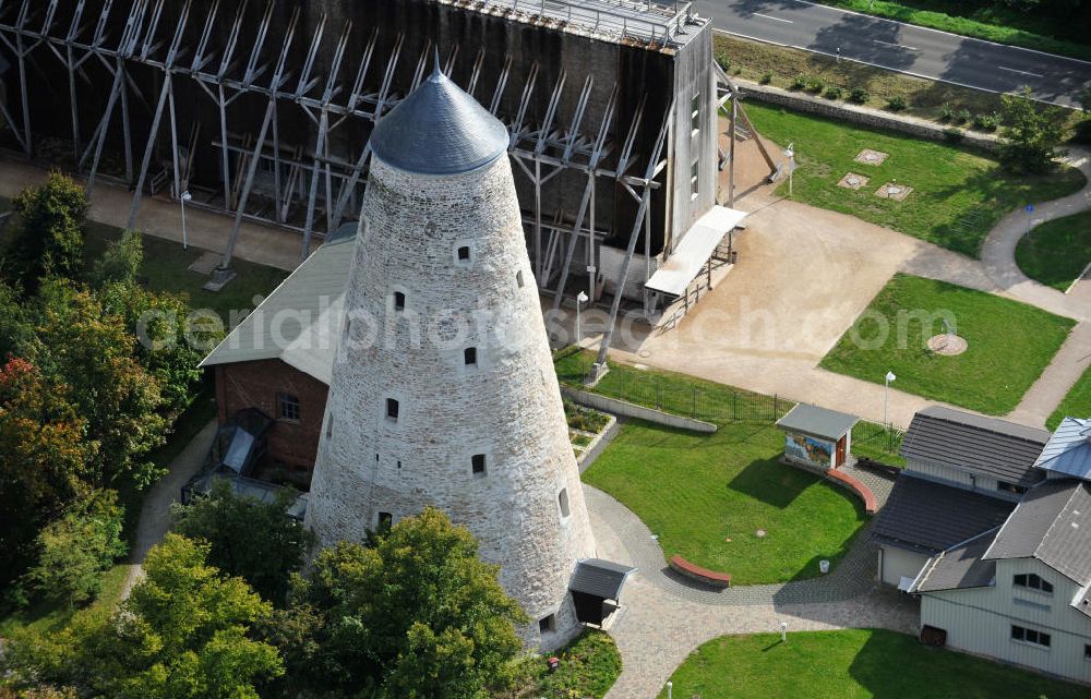 Aerial photograph Schönebeck - The brine tower of the salt works which are located in the Bad Salzelmen district of Schönebeck in Saxony-Anhalt were built in 1756 and are part of the Solepark. A salt work is a plant for salt production. Since 1890, it is used only as an element of cure