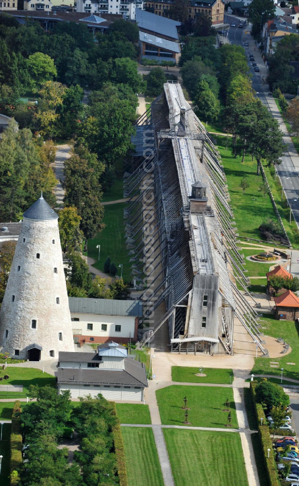 Schönebeck from the bird's eye view: The brine tower of the salt works which are located in the Bad Salzelmen district of Schönebeck in Saxony-Anhalt were built in 1756 and are part of the Solepark. A salt work is a plant for salt production. Since 1890, it is used only as an element of cure